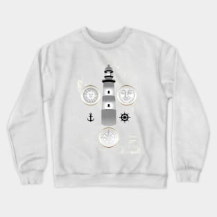 Nautical illustration of sun, moon and lighthouse in retro stamp design Crewneck Sweatshirt